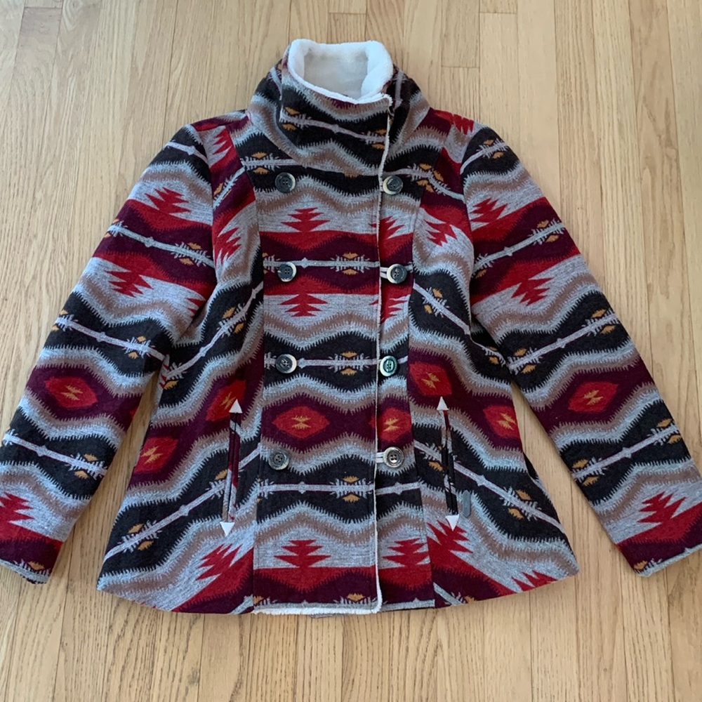 Powder River Outfitters Southwestern Aztec Sherpa Trim Wool Blend Coat Large